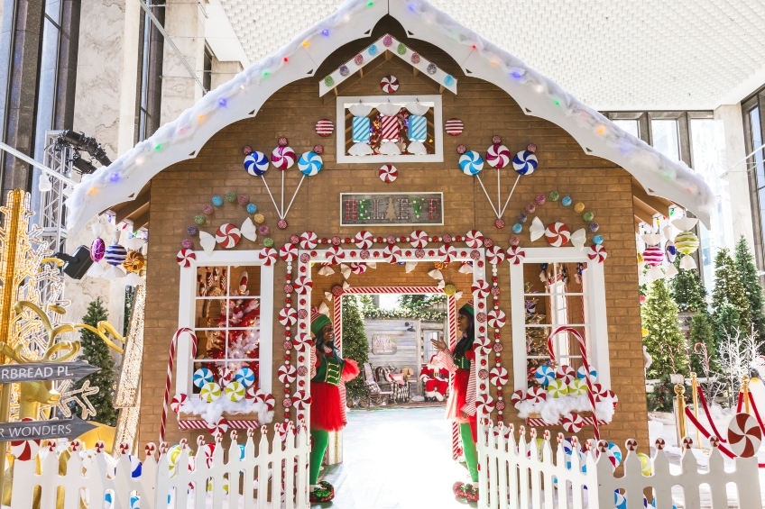 The 1001 Winter Wonderland activation in the event space in 1001 Woodward, featuring Santas, the letter mailbox, the tree farm, a gingerbread house, and more.